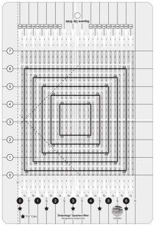 Creative Grids Stripology Quarters Mini Quilt Ruler with quarter and eighth inch measurement markings