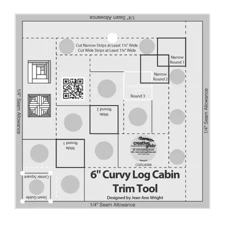 Creative Grids Quilt Ruler 6-inch Curvy Log Cabin Trim Tool for precise quilting cuts with non-slip grip and clear markings
