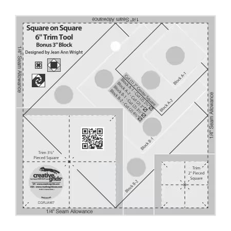 Creative Grids Square on Square Trim Tool 6-inch quilt ruler with non-slip grip and clear markings for precise trimming of 3-inch and 6-inch blocks