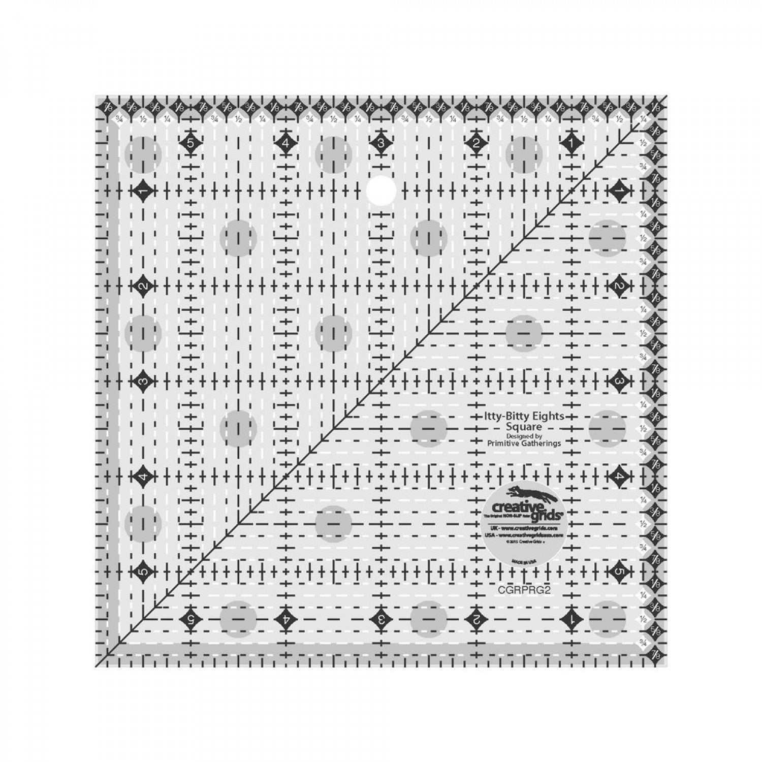 Creative Grids Itty-Bitty Eights 6x6 inch quilting ruler with black and white grid markings and 45-degree angle line