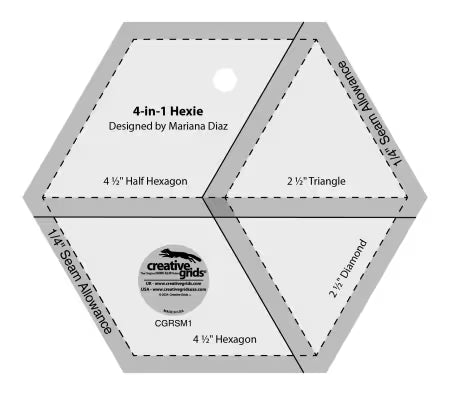 Creative Grids Quilt Ruler 4-in-1 Hexie acrylic quilting template with hexagon, half hexagon, triangle, and diamond shapes for precise fabric cutting