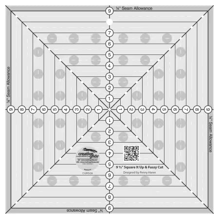 Creative Grids Quilt Ruler 9-1/2in Square with non-slip grip and precision markings for quilting and fussy cutting