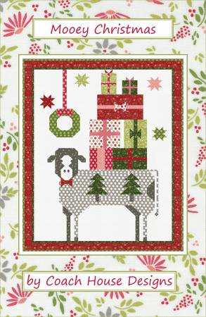Mooey Christmas Pattern quilt with pieced cow, applique eyes, multi-colored packages, wreath, and stars background