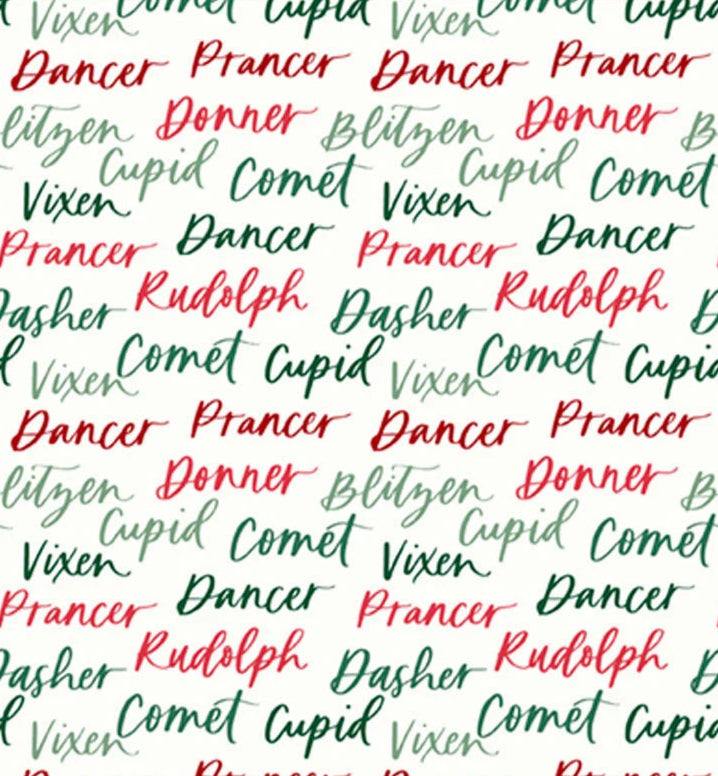 Christmas fabric with colorful reindeer names by Pink Light Studios for P&B Textiles