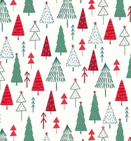 Christmas Miniatures III fabric with red, green, and white Christmas tree pattern on white background