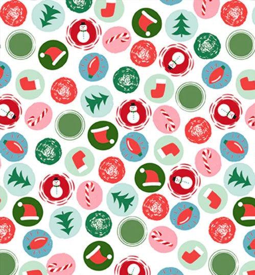 Christmas Miniatures III fabric with holiday icon bubbles on white background by Pink Light Studios for P&B Textiles