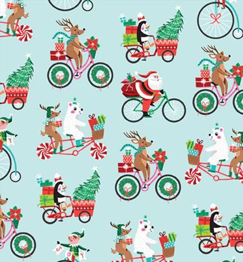 Christmas Miniatures III fabric with Santa, reindeer, penguin, and polar bear biking with holiday gifts on teal background