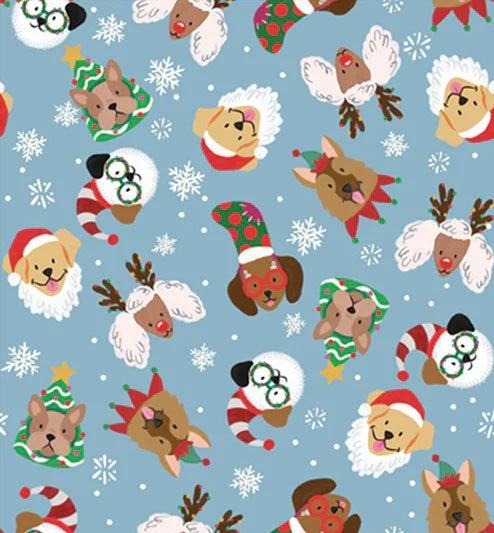 Christmas Miniatures III fabric with holiday pups, Santa hats, reindeer, and snowflakes on blue background