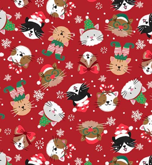 Christmas Miniatures III fabric with holiday kitties on red background by Pink Light Studios