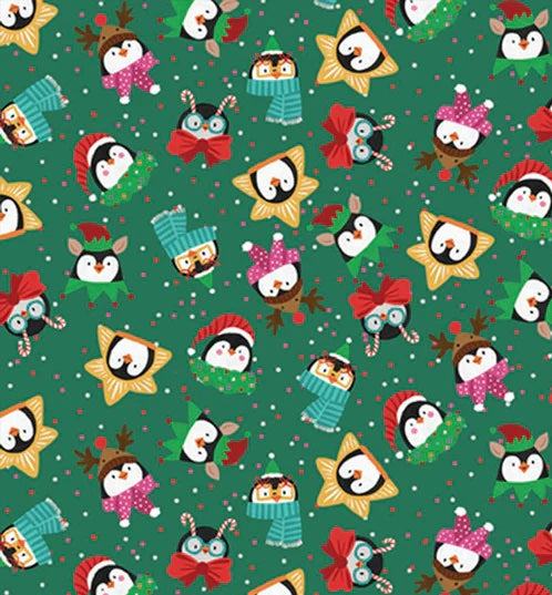 Christmas Miniatures III holiday fabric with festive penguins on green background