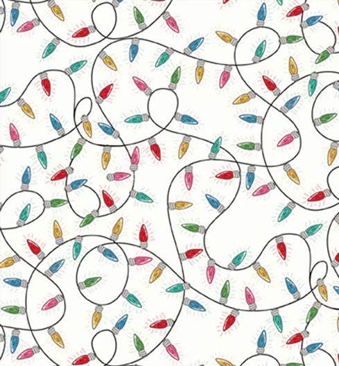 Christmas Miniatures III fabric with colorful Christmas lights on white background by Pink Light Studios