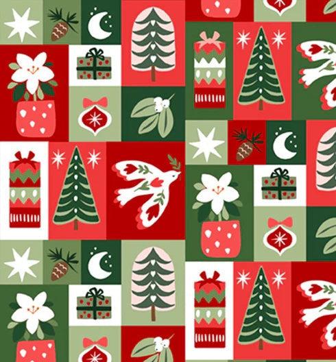 Christmas fabric pattern by Pink Light Studios featuring trees, gifts, ornaments, and holiday icons in red, green, and white blocks