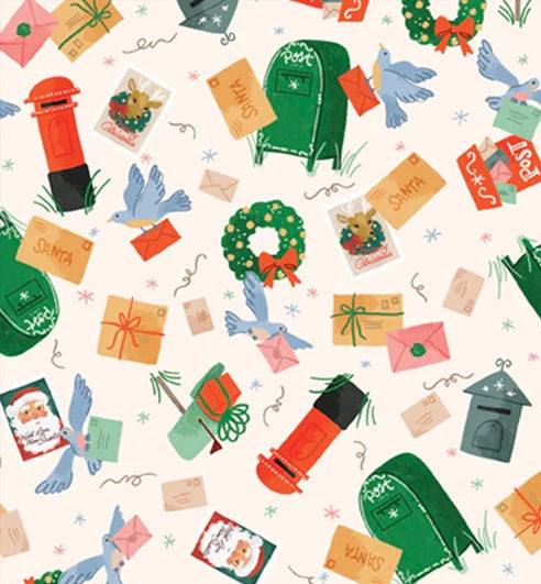 Christmas Miniatures III fabric by Pink Light Studios with holiday postboxes, letters, wreaths, and birds on white background