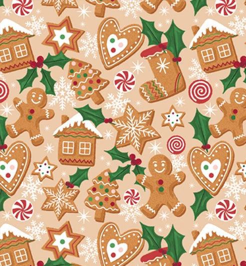 Christmas Miniatures III fabric featuring gingerbread men, cookies, holly, snowflakes, and candy canes on tan background