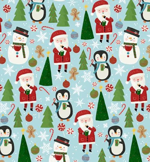Christmas Miniatures III fabric by Pink Light Studios with Santas, penguins, snowmen, Christmas trees, ornaments, and holiday icons on light blue background