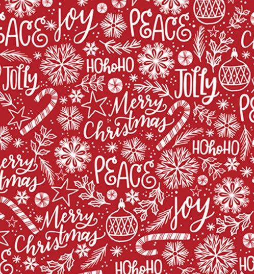 Christmas Miniatures III red fabric with white holiday motifs including candy canes, ornaments, snowflakes, and festive words