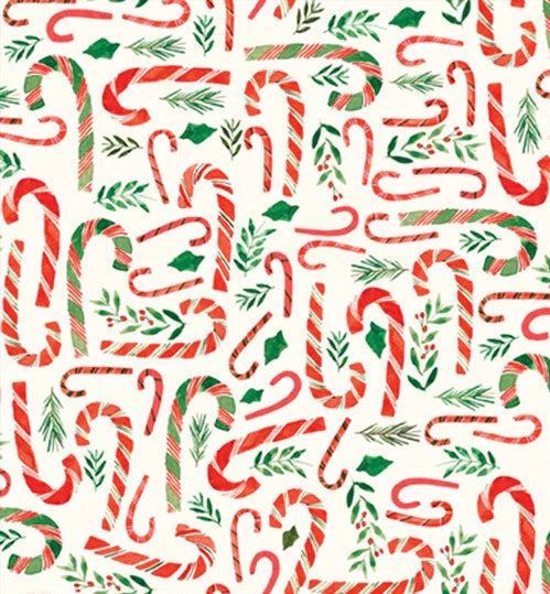 Christmas Miniatures III fabric with candy canes and holly on white background