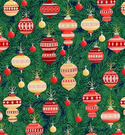 Christmas Miniatures III fabric pattern with red and gold ornaments on green pine branches