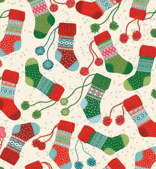 Christmas Miniatures III fabric with colorful Christmas stockings on cream background by Pink Light Studios