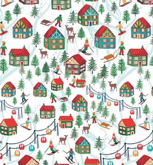 Christmas Miniatures III fabric with ski slopes, houses, skiers, and winter trees on white background