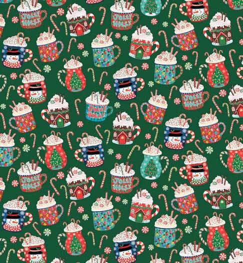 Christmas Miniatures III fabric with hot cocoa mugs and candy canes on dark green background by Pink Light Studios