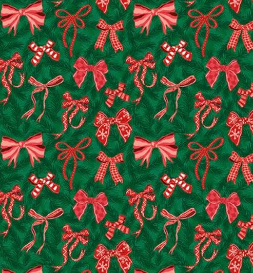 Christmas Miniatures III fabric with red bows and candy canes on dark green background by Pink Light Studios