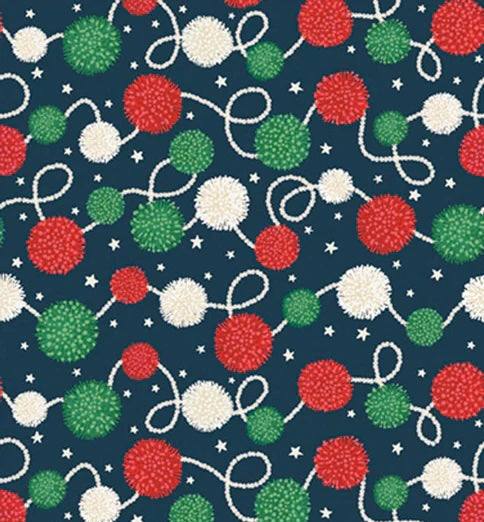 Christmas Miniatures III fabric with yarn pom pom strings pattern on navy background by Pink Light Studios