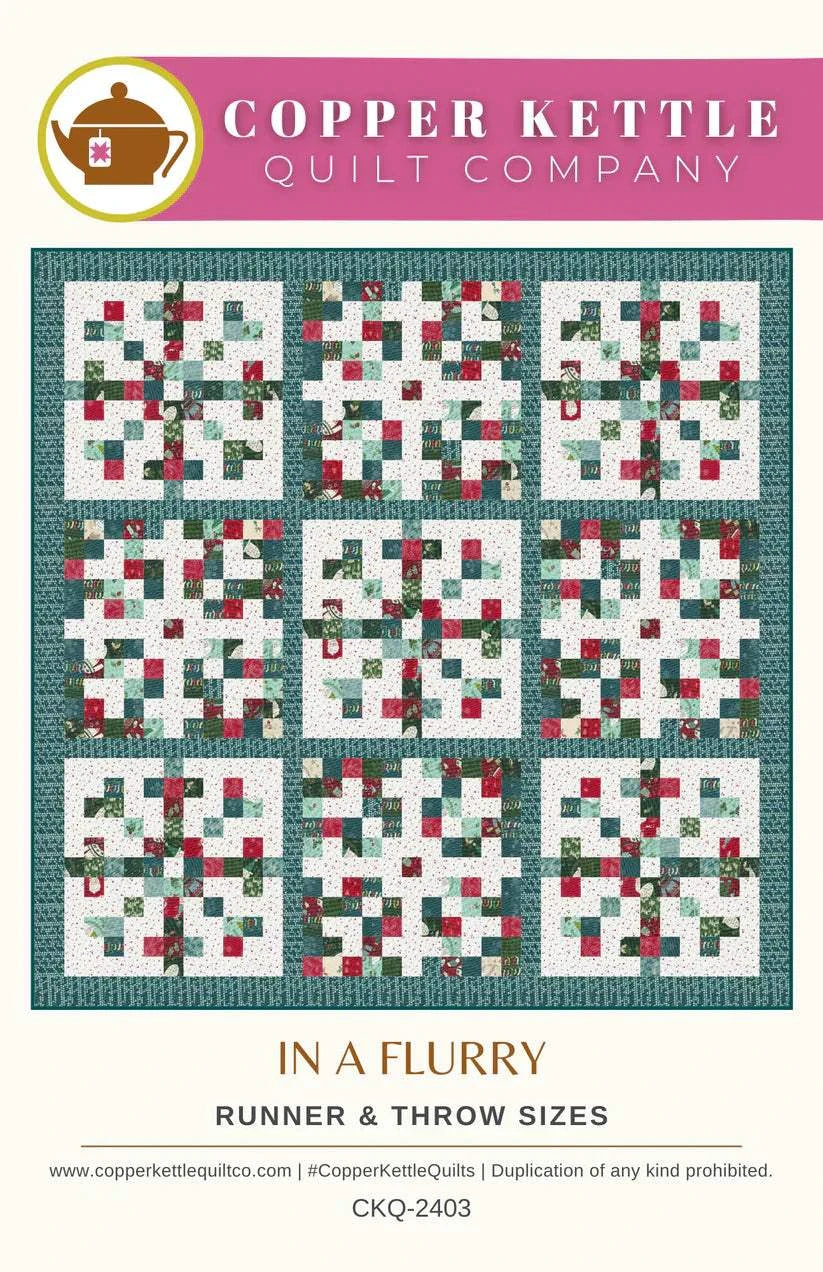 In a Flurry Quilt Pattern by Copper Kettle Quilt Company, winter-themed quilt design in runner and throw sizes
