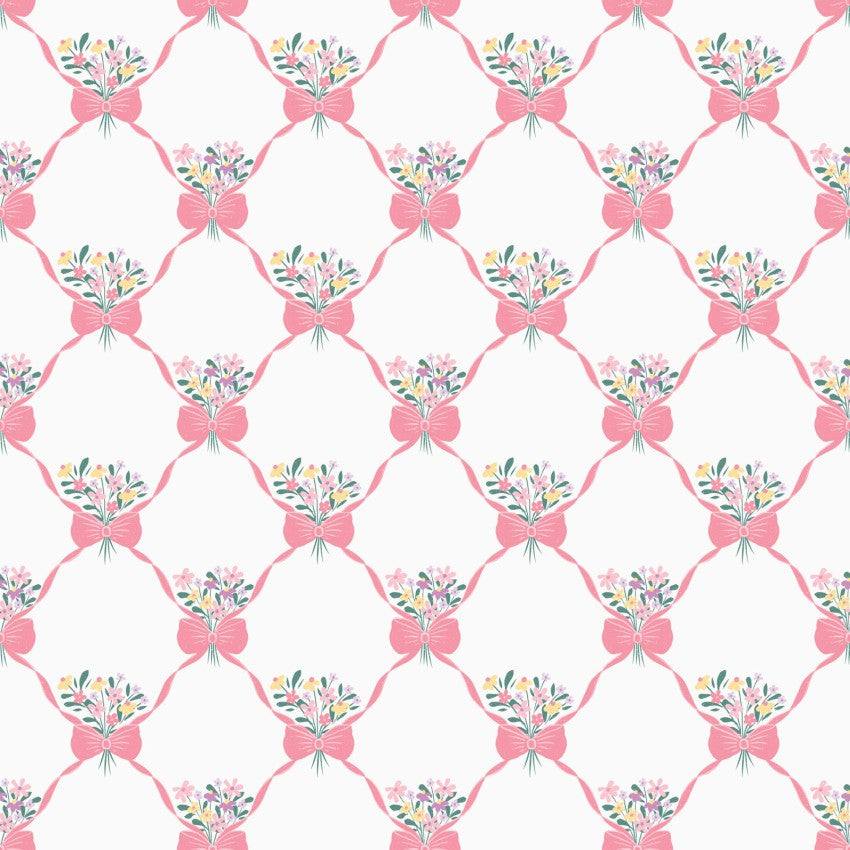 Bunny Blossoms Bouquets and Bows pink multi fabric pattern by Dominika Godette for Cloud9 Fabrics featuring floral bouquets tied with bows on white background