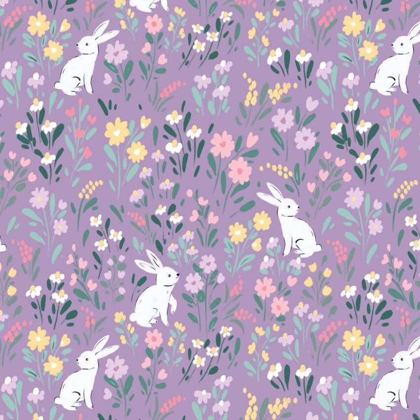 Bunny Blossoms fabric with white bunnies and colorful flowers on purple background by Dominika Godette