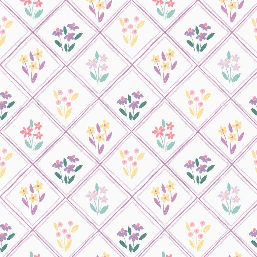 Bunny Blossoms floral diamonds fabric with colorful spring flowers pattern by Dominika Godette