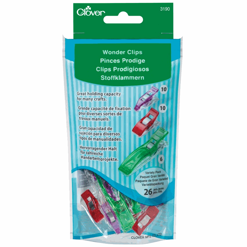 Clover Wonder Clips Assortment pack with 26 assorted jumbo, classic, and mini clips for crafts