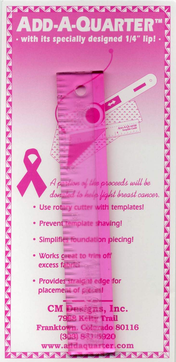 Pink Add-A-Quarter Ruler with 1/4 inch lip for quilting and rotary cutting accuracy