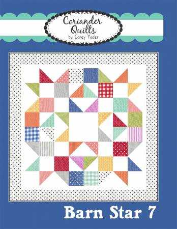 Barn Star 7 Pattern quilt design by Corey Yoder with colorful geometric shapes on white background and polka dot border
