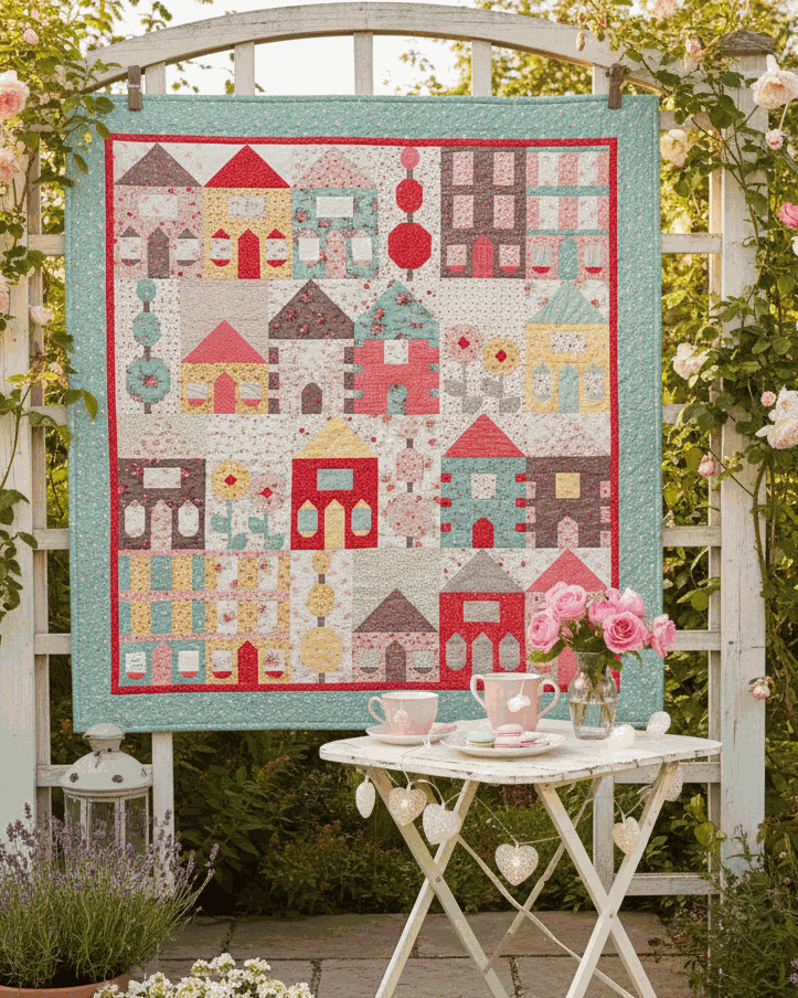 Charleston Row House Quilt Kit with Lyda Rose fabric and two border options, 74x78 inches