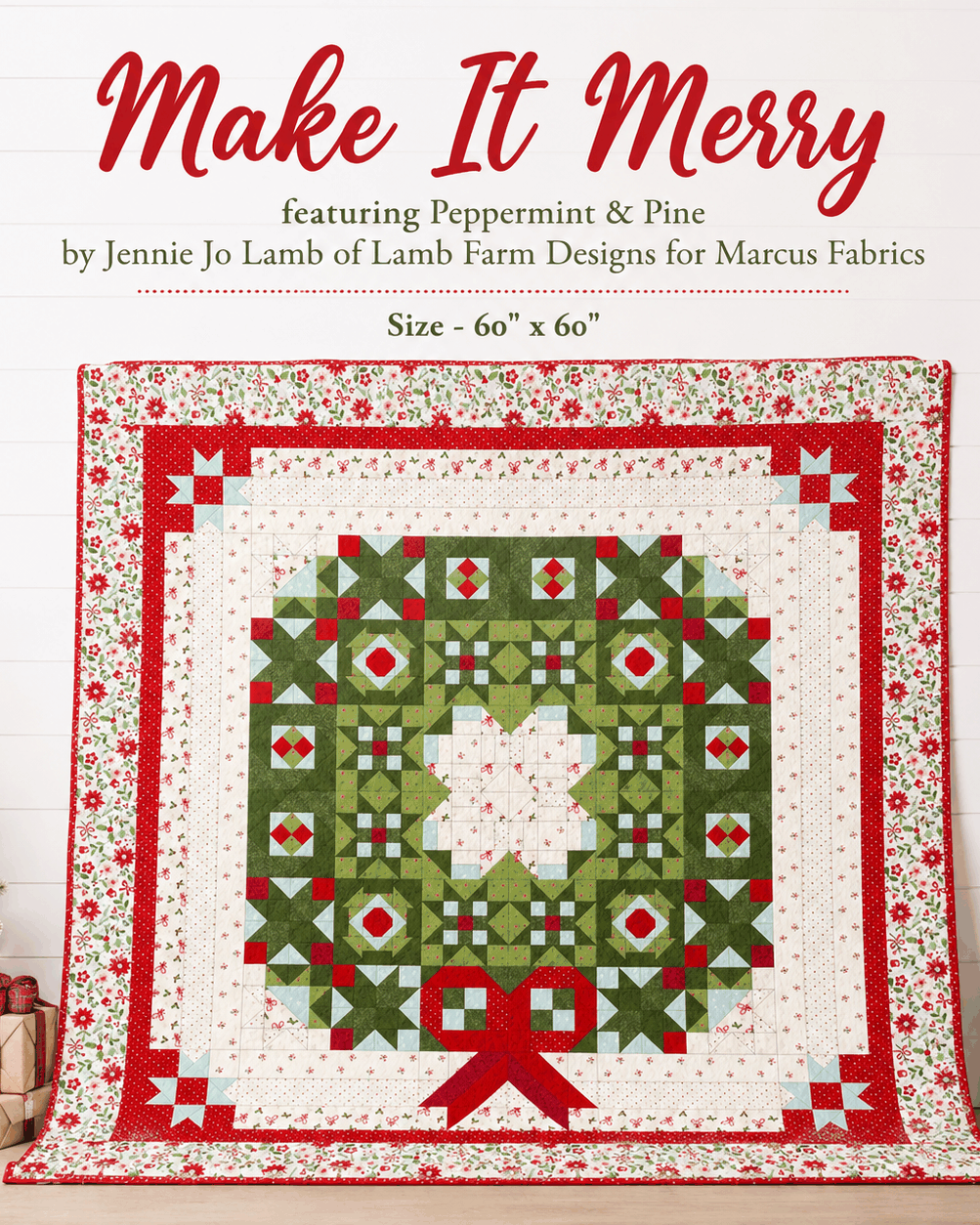 Make It Merry BOM quilt kit featuring peppermint and pine holiday wreath design by Jennie Jo Lamb