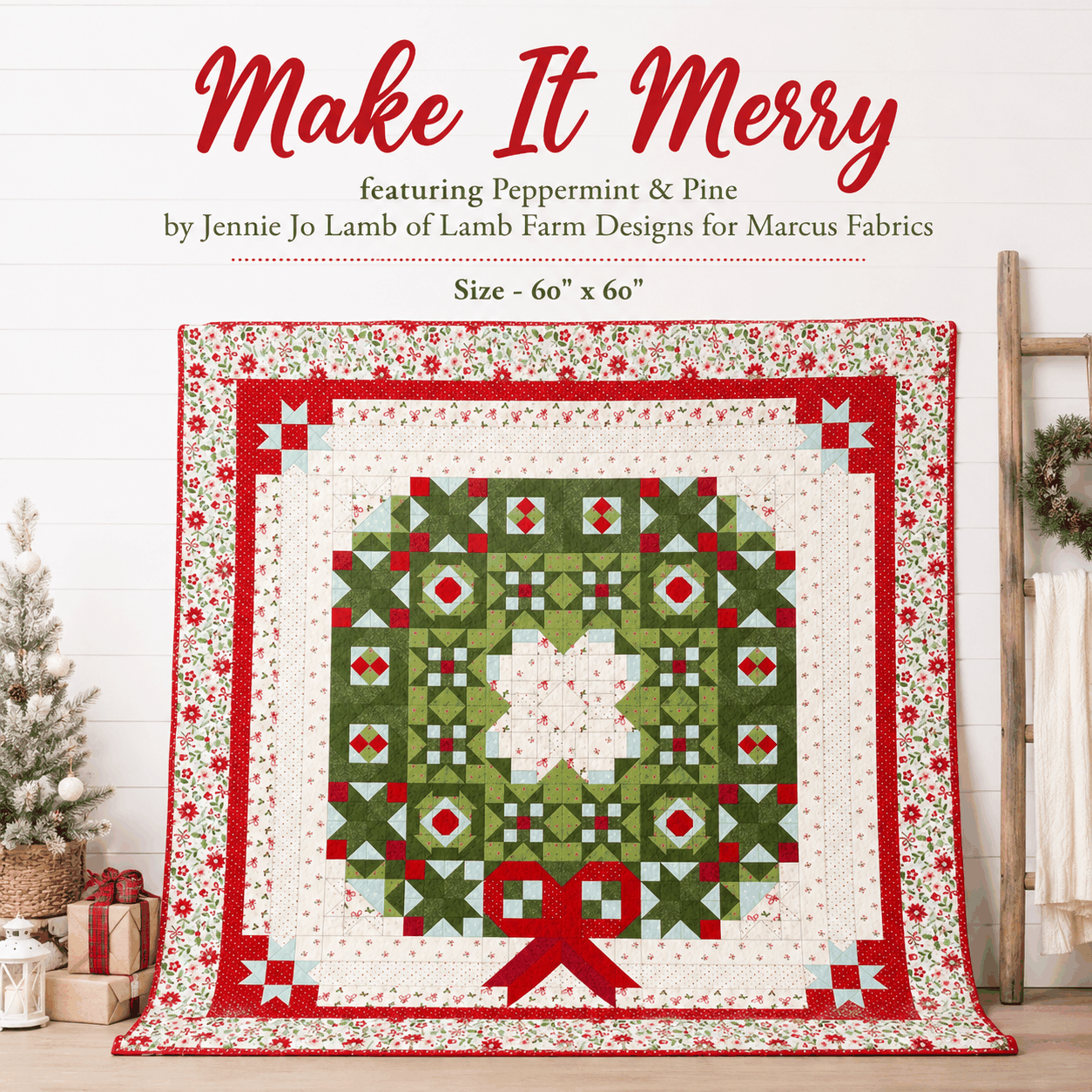 Make It Merry BOM quilt kit featuring peppermint and pine holiday wreath design by Jennie Jo Lamb