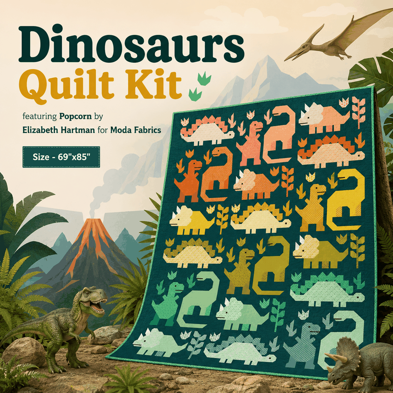 Dinosaurs Quilt Kit featuring Popcorn by Elizabeth Hartman for Moda Fabrics Pajama Party Quilt Kit pre-order display