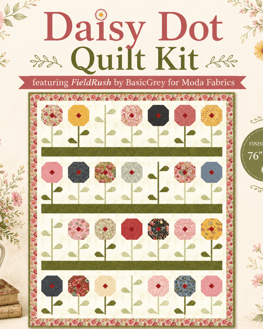 Daisy Dot Quilt Kit featuring FieldRush by BasicGrey with 76x92 inch quilt top and binding fabrics