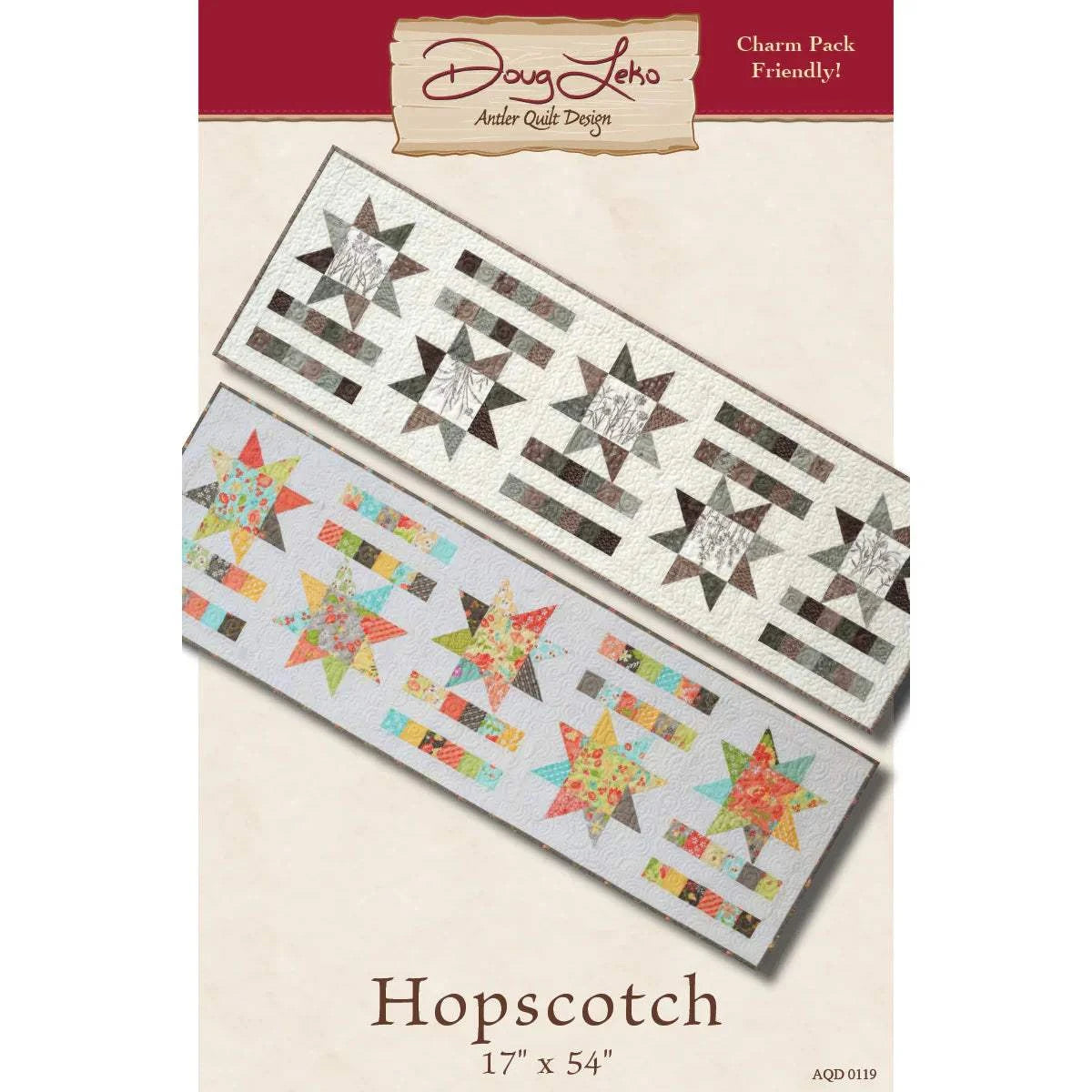 Hopscotch Runner Pattern by Doug Leko featuring star designs with customizable fabric centers for a 17"x54" quilt runner