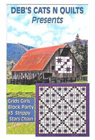 Grid's Girls Block Party quilt pattern with strippy stars chain by Deb Heatherly displayed on a barn and finished quilt illustration