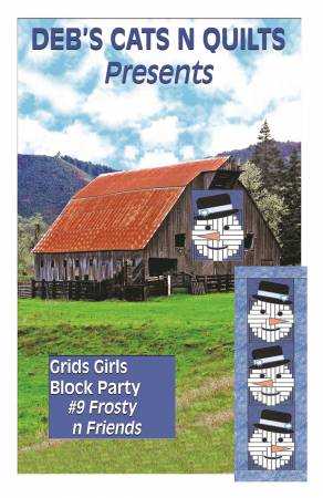 Frosty N Friends quilt pattern featuring curvy log cabin blocks on barn background