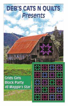 Maggie's Star Grid's Girls Block Party quilt pattern by Deb Heatherly featuring star block design on barn background