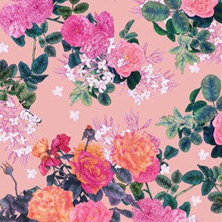 Rosa Rose DP91150-21 fabric by Adriana Picker with vibrant blooming roses on a pink background