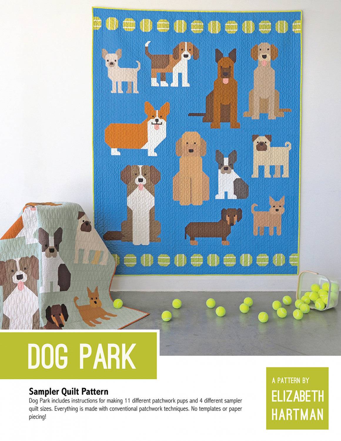 Dog Park quilt pattern patchwork dog pups sampler quilts with tennis ball border by Elizabeth Hartman