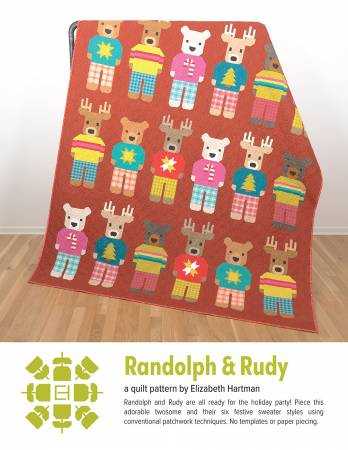 Randolph and Rudy Quilt Pattern featuring festive animals in holiday sweaters on a warm red background