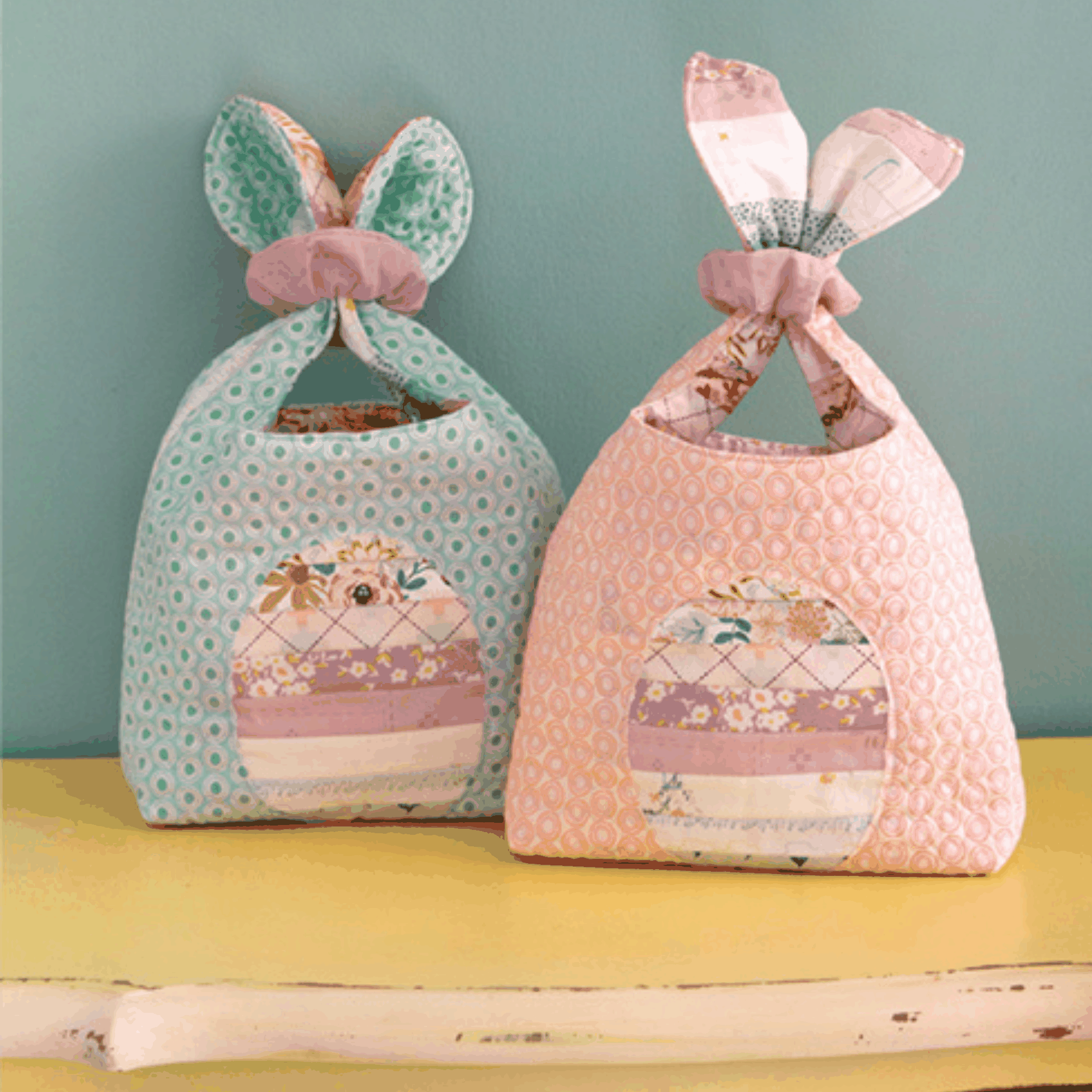 Easter Bunny Bags Kit with pastel fabric and bunny ear handles, featuring egg hunt design