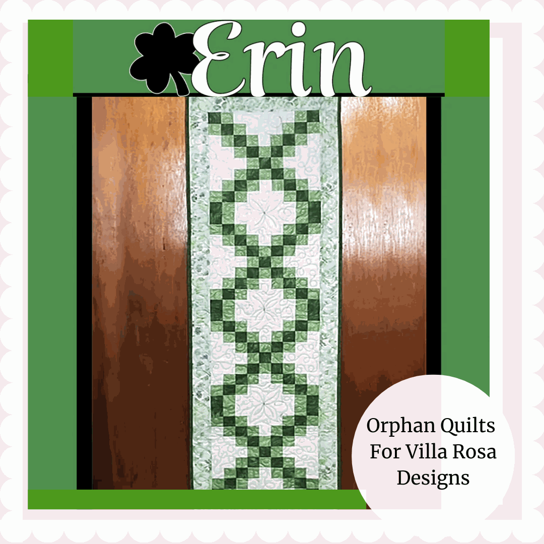 ERIN 19x59 quilt pattern featuring green and white patchwork design by Orphan Quilts for Villa Rosa Designs