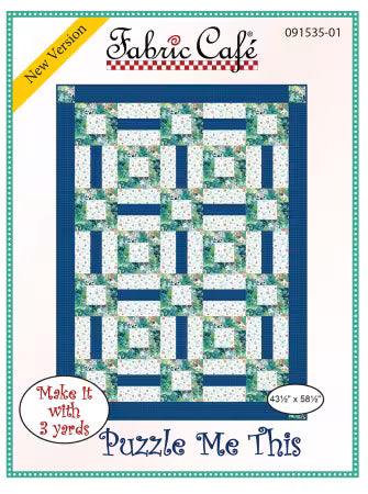 Puzzle Me This Pattern quilt design by Fabric Cafe with blue and green machine-pieced blocks, 43.5x58.5 inches size.