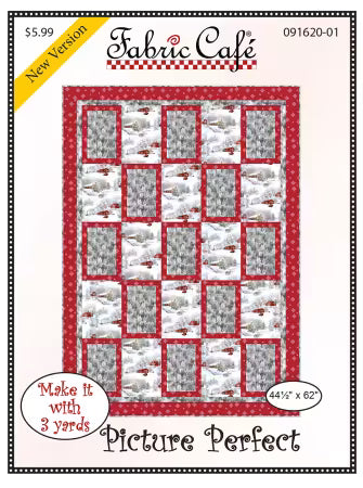 Picture Perfect quilt pattern by Fabric Cafe with red borders and scenic fabric blocks, 44.5 x 62 inches, easy machine piecing design